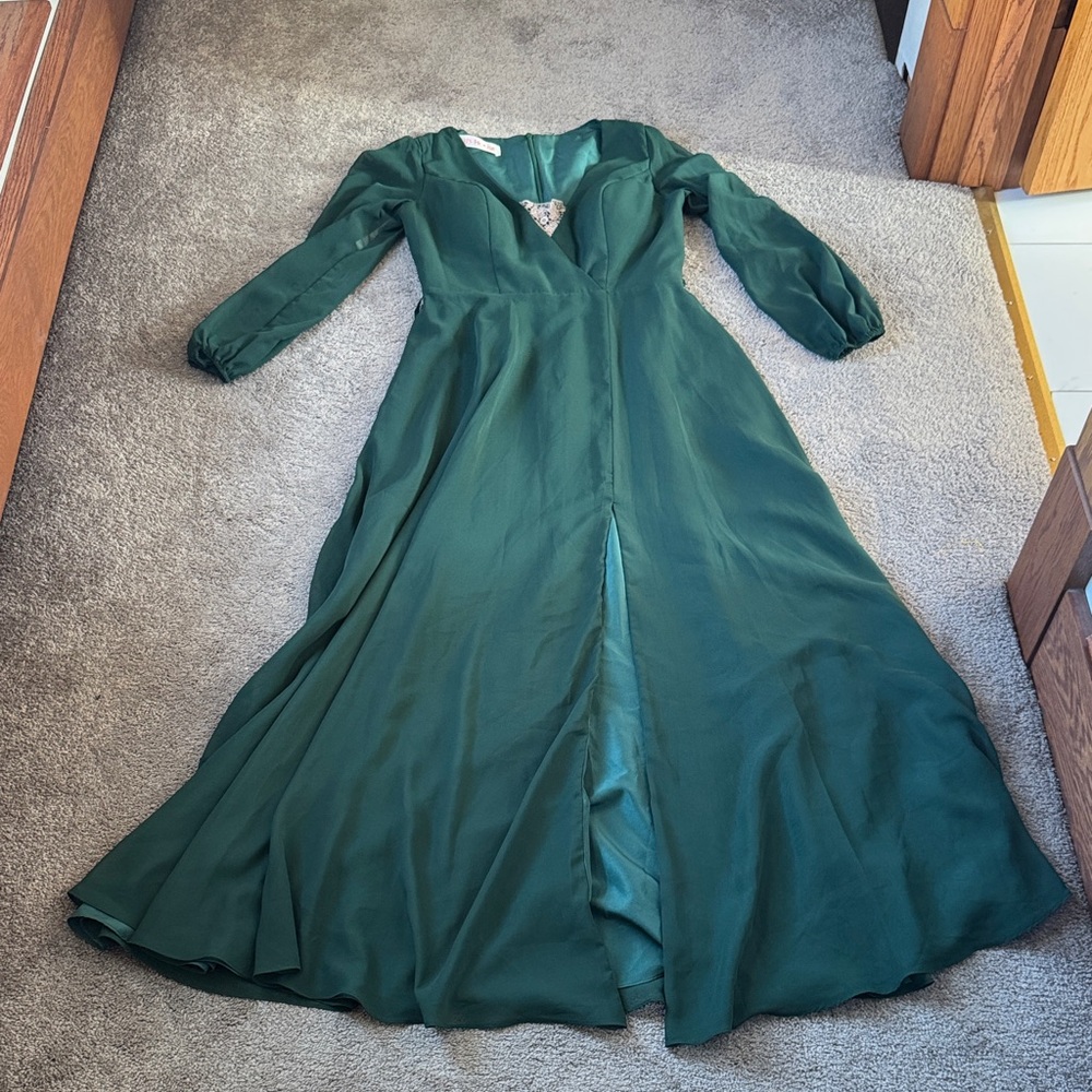 JJ’s House Emerald Green Chiffon Maxi Dress Long Sleeve Formal Evening SIZE L